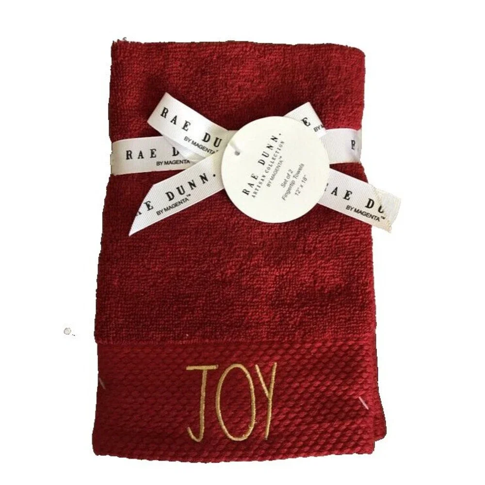 Rae Dunn Christmas Fingertip Towels Joy Red Gold Embroidered Set of 2 Bathroom